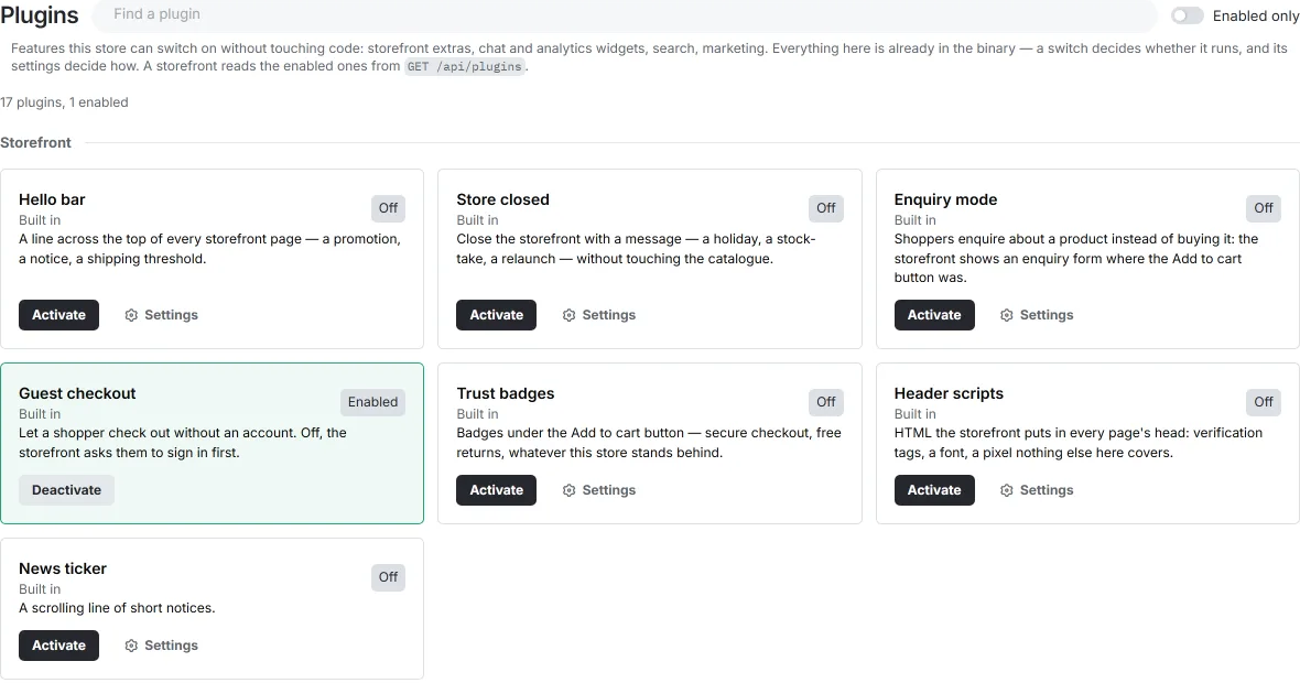 The plugins screen: storefront and marketing features already in the binary, switched on or off per store.
