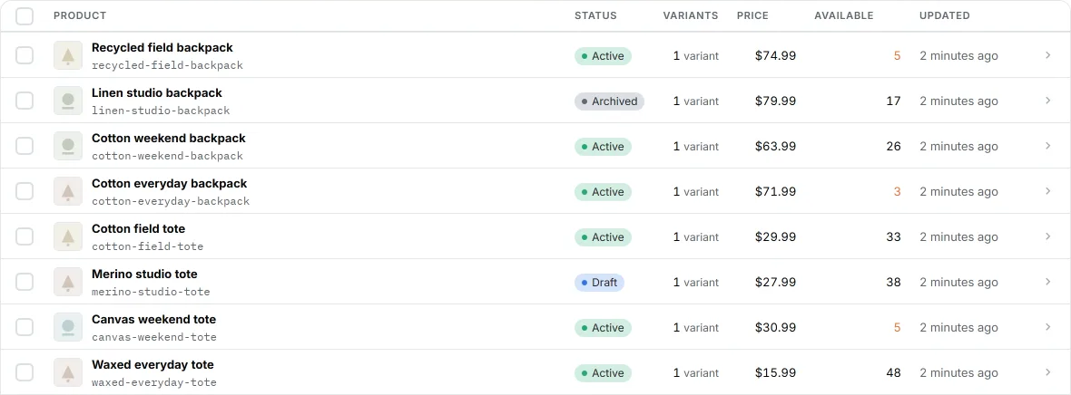 The GoCommerce products list: names, status, variant count, price and available stock.