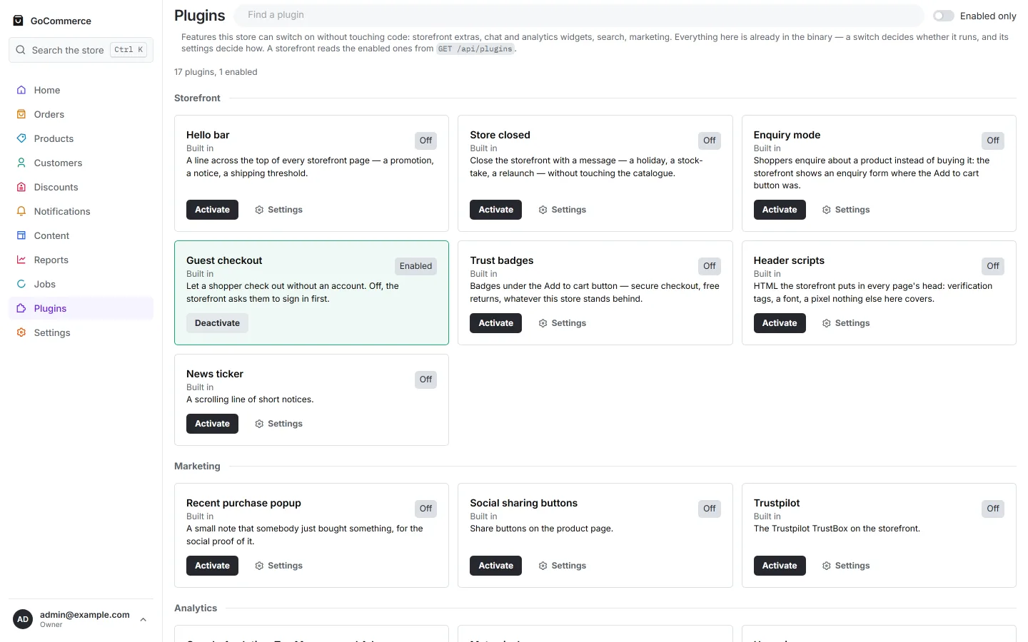 The plugins screen listing storefront, marketing and analytics features grouped by category, each with an activate button and settings link.