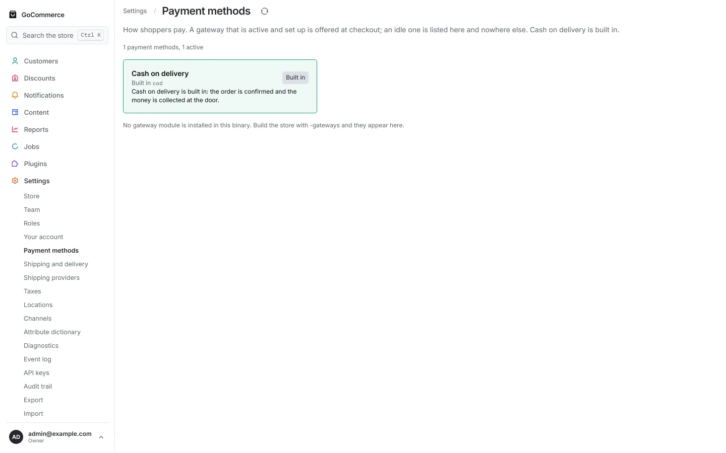 The payments settings screen showing which payment providers are installed in this build, with their configuration.