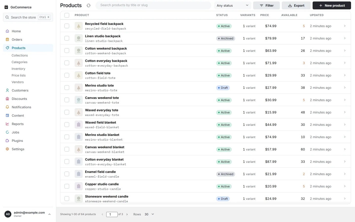 The products list showing sixty-four products with status, variant count, price, available stock and last-updated time.