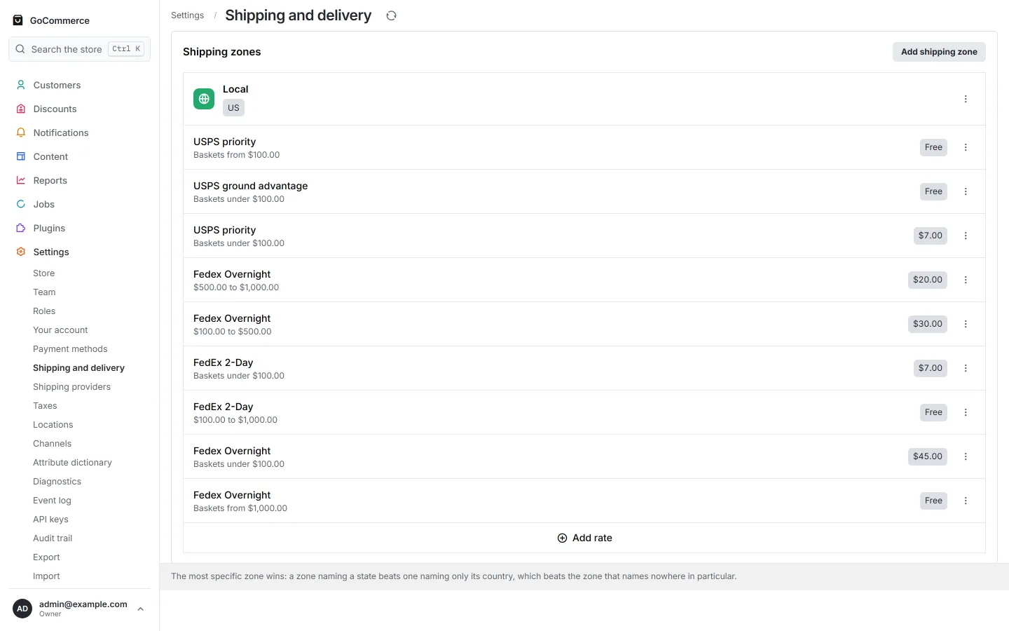 The shipping screen showing delivery zones and the rates configured within them.
