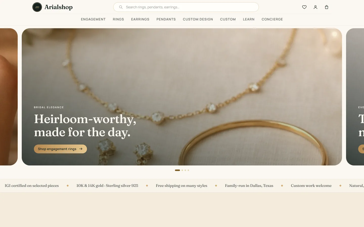 The Arialshop storefront home page on a desktop: a jewellery hero image with a shop call to action, category navigation across the top, and a strip of store guarantees beneath.