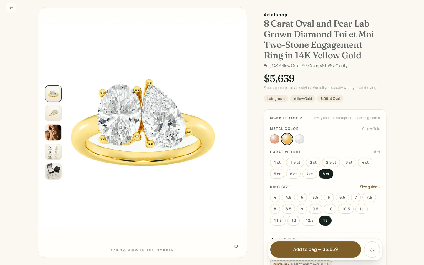 An Arialshop product page: a large ring photograph with thumbnails, the product title and price, metal colour and carat weight options, a ring size selector and an add to bag button.