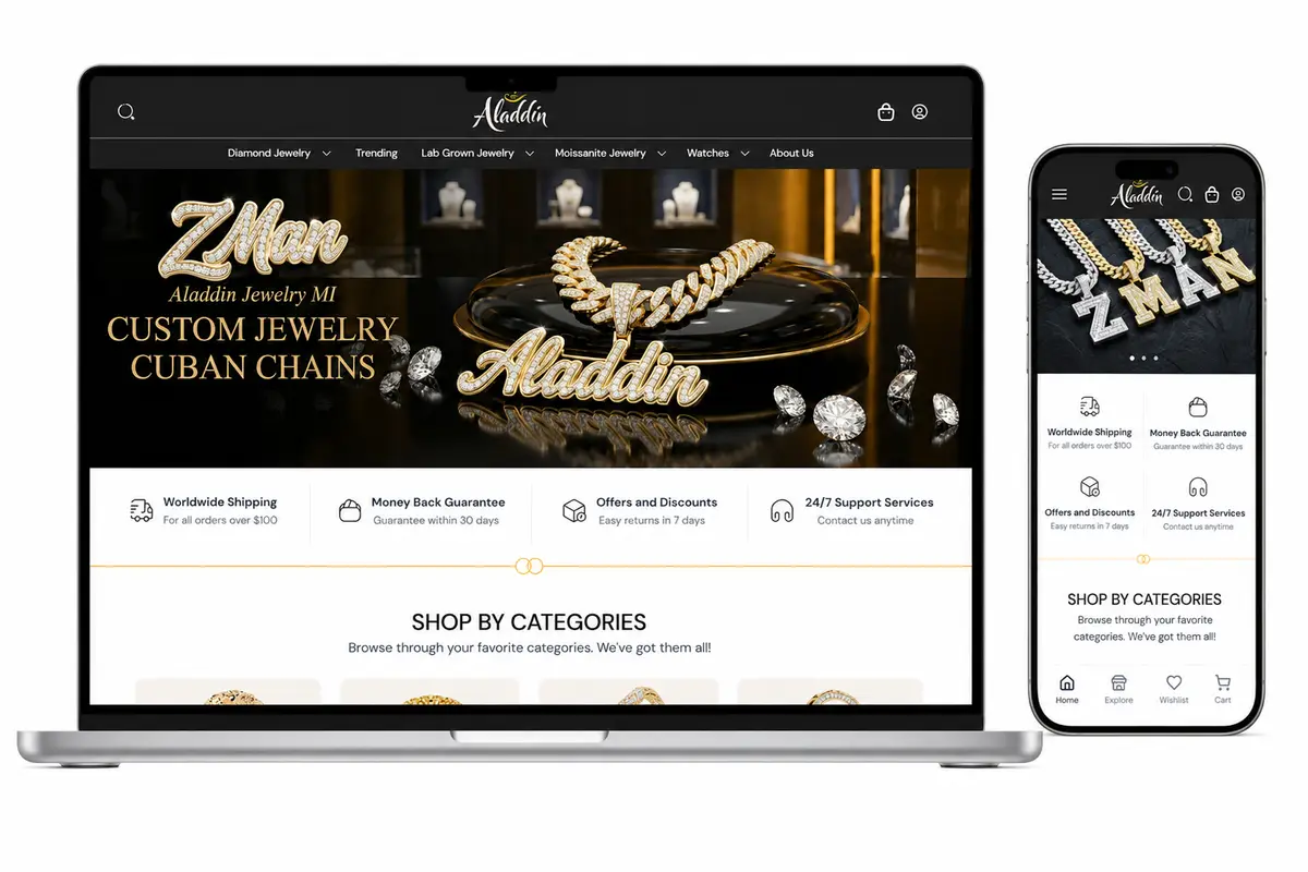Aladdin Jewelry on a laptop and a phone